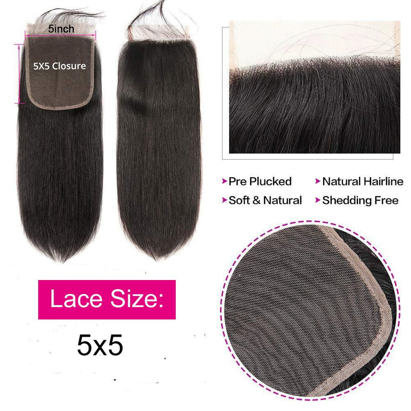 Straight  5*5 HD Lace Closure Virgin Human Hair Natural Black